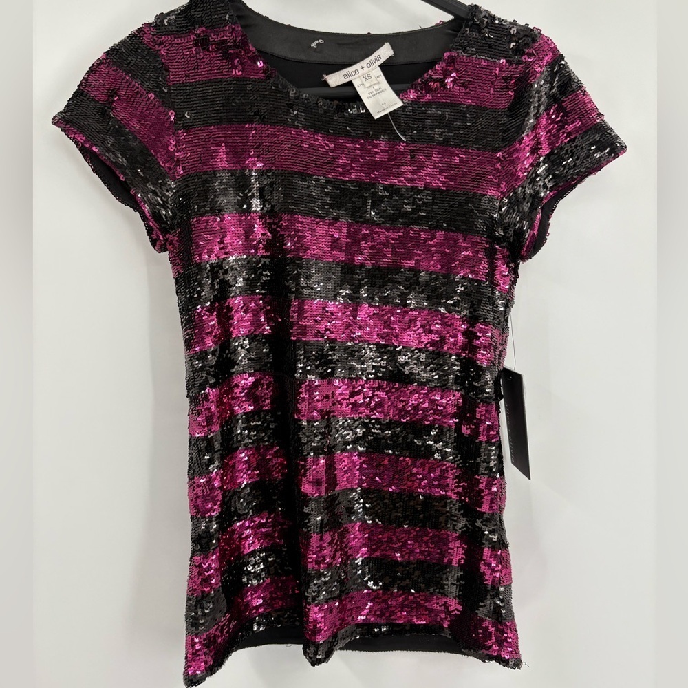 Alice + Olivia Pink Sequince Short Sleeve Pink Party Festival Blouse Size Xs NWT